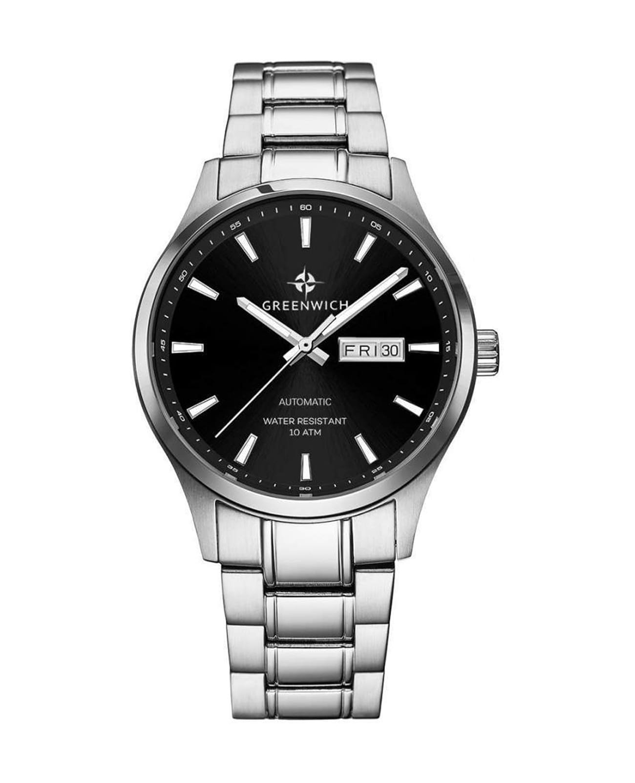 Greenwich Greenwich GW 054.10.31  GW 054.10.31 механические мужские часы черный циферблат, браслет нержавеющая сталь — вид спереди